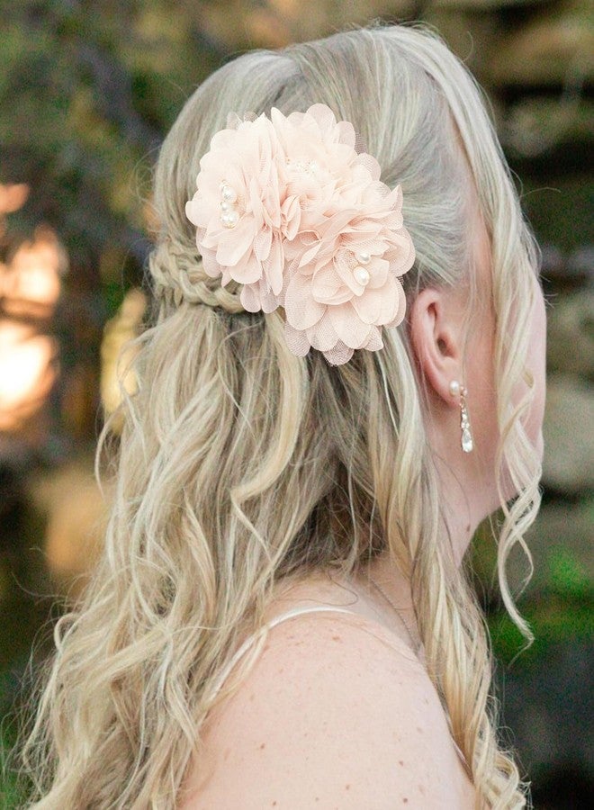 BETITETO Pink Flower Hair Comb Bridal Pearl Chiffon Floral Hair Buns Pins Accessories for Wedding Party Banquet - Image 2